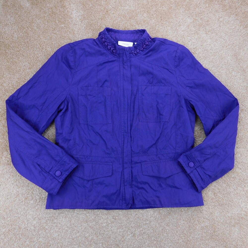 Chicos Jacket Womens 1 Medium Purple Full Zip Long Sleeve Blazer Coatigan Nylon
